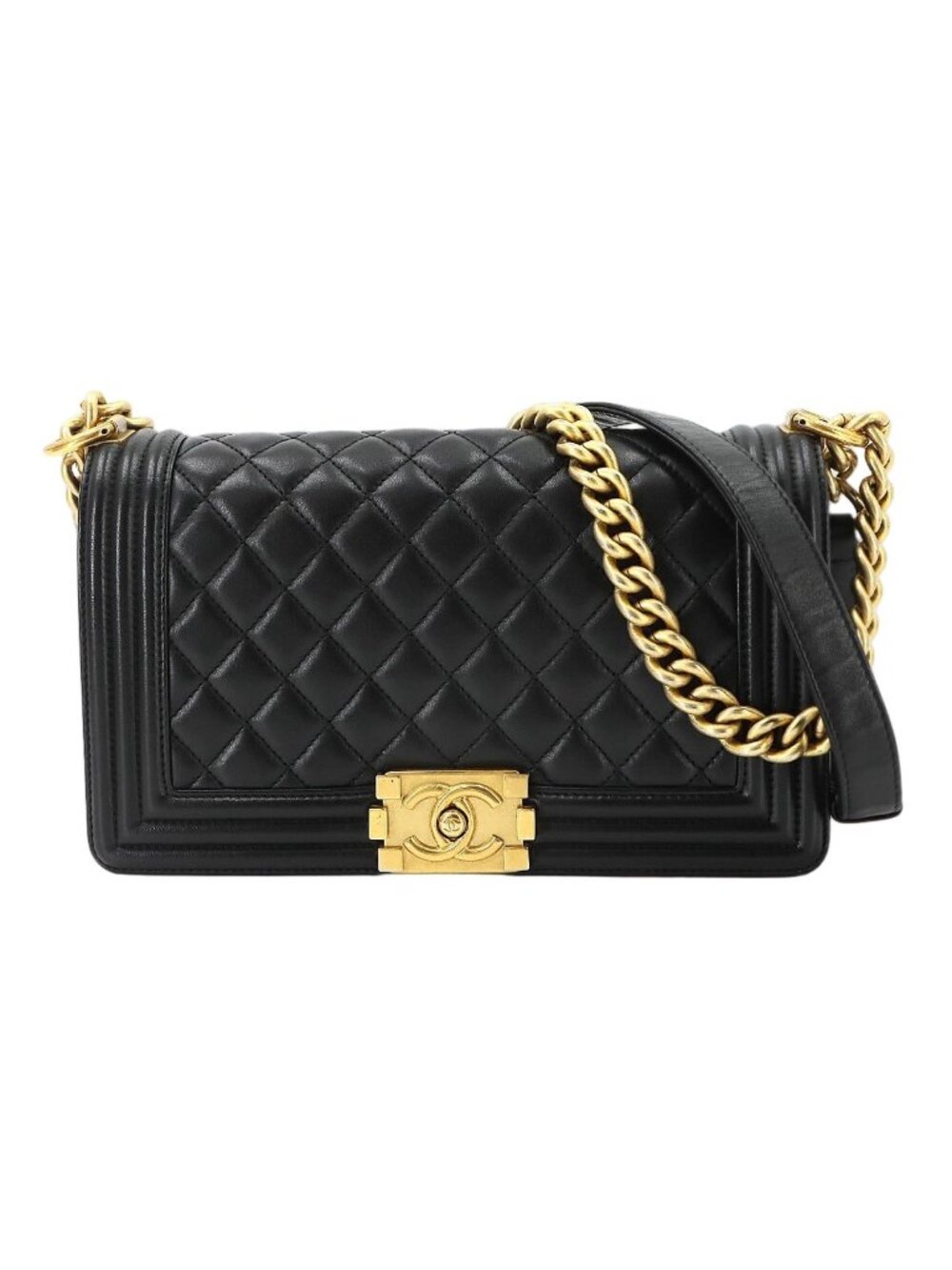 Chanel Boy Chain Shoulder Bag Lambskin Black Gold